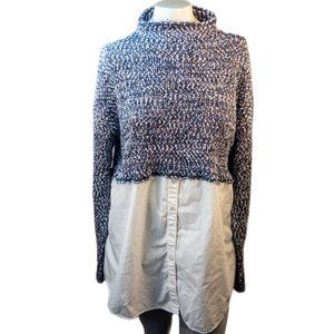 Fayne Upcycle Womens Size Medium Shirt Upcycle White Blue Sweater Top Mockneck